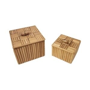 Vintage Interpur Bamboo Trinket Box Set Square Parquet Lid Boho Taiwan 2pc